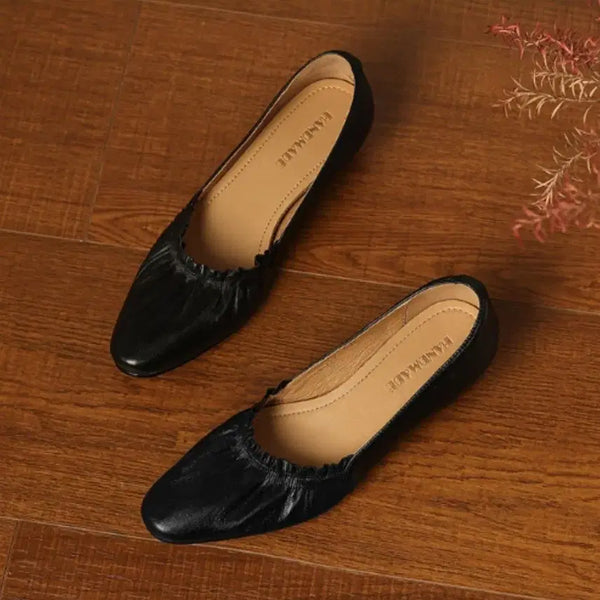 [BUNJANG] Women's Shirred Leather Flat Shoes / 블랙 슈즈 플랫슈즈 셔링 디자인