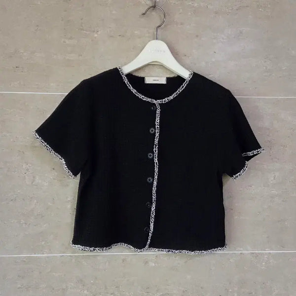 [BUNJANG] Women's Black Tweed Short Sleeve Cardigan Jacket / 여성 블랙 니트 가디건.트위드 자켓.숏.반팔 가디건.여성 트위드 반팔 숏 가디건