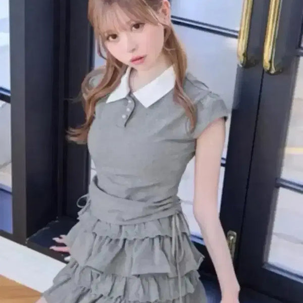 [BUNJANG] Michelle Macaron Frill Ribbon Set Up Grey / 미셸마카롱 프릴 리본 셋업 그레이 미셸 스커트 원피스 스나계