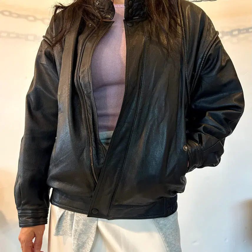 [BUNJANG] CAESAR by OHGA Highneck Raglan Black Lambskin Jacket / CAESAR by OHGA 하이넥 나그랑 블랙 양가죽 자켓