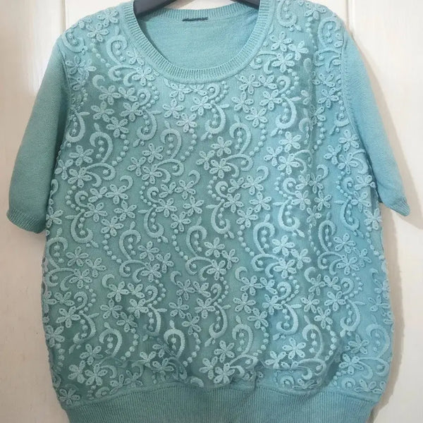 [BUNJANG] Mint Floral Embroidery Short Sleeve Knit / 민트색 꽃 자수 반팔 니트