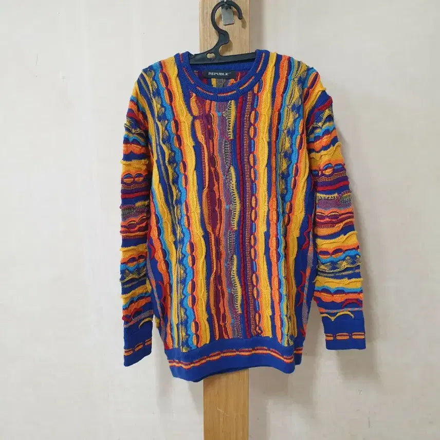 [BUNJANG] REPUBLIC 3D Multi Cable Knit Blue Yellow Size 105 / REPUBLIC 3D 멀티 케이블 니트 블루 옐로우 105