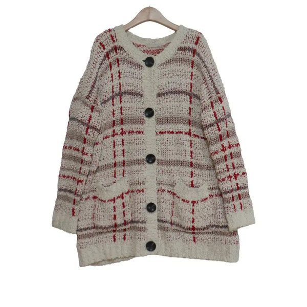 [BUNJANG] LeShop Check Pattern Long Knit Cardigan / 르샵 LeShop 체크 패턴 롱 니트 가디건 FREE