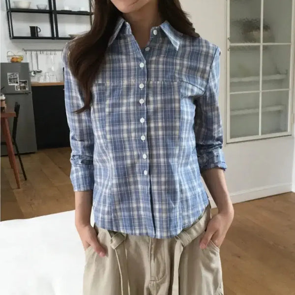 [BUNJANG] Ablé Sky Blue Checkered Shirt / 에이블리 하늘색 체크 셔츠 새상품