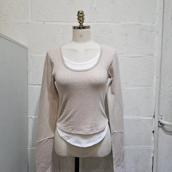 [BUNJANG] U-Hem Layered Long-Sleeve Top - Beige / 밑단u 레이어드 가벼운재질 긴팔- 베이지