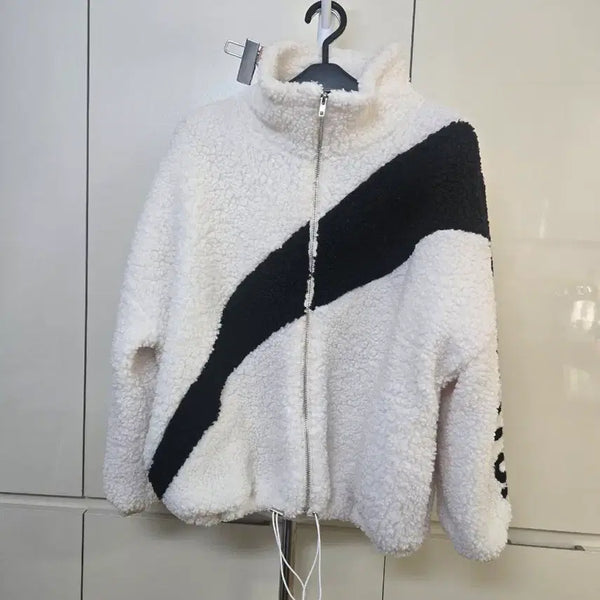 [BUNJANG] Fleece Zip-Up Jacket White Black / 뽀글이 집업 자켓 화이트 블랙