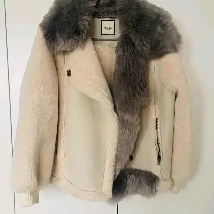 [BUNJANG] Mink Shearling Jacket (Ivory/Grey) / 밍크 무스탕 자켓 아이보리/그레이