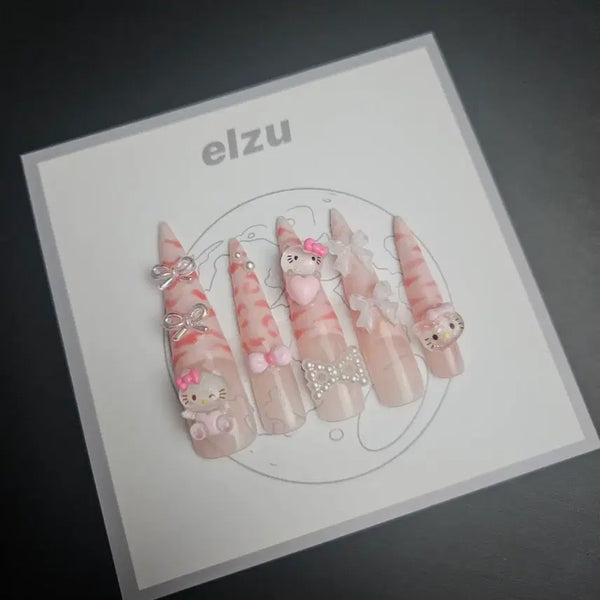 [BUNJANG] Pink Kitty Gyaru Handmade Nail Tips / [새상품] 핑크 키티 갸루 수제 네일팁 팝니다