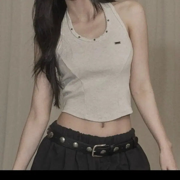 [BUNJANG] Khaki Point Halterneck Sleeveless Top (Beige) / 카키포인트 홀터넥 나시(베이지)