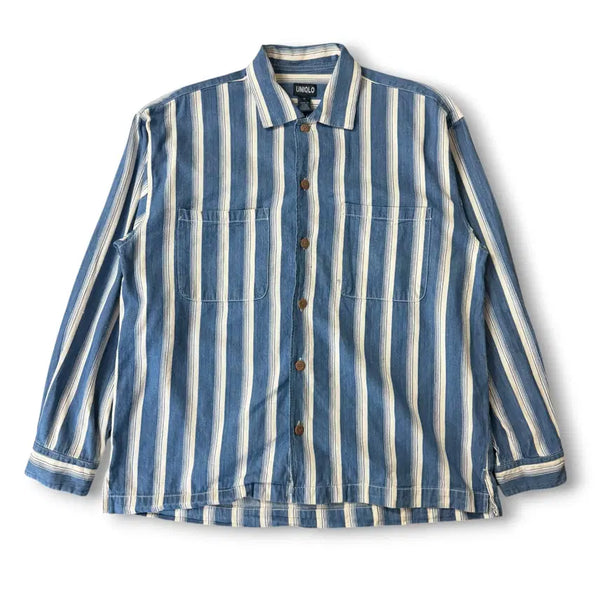 [BUNJANG] Uniqlo 90s Vintage Striped Denim Shirt - Size M / 유니클로 90s 올드스쿨 빈티지 스트라이프 데님 셔츠 M