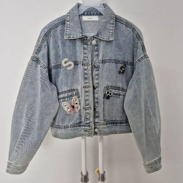 [BUNJANG] Satin Pearl Embellished Denim Jacket / 샤틴 데님 자켓 진주 장식/F