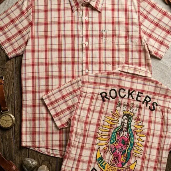 [BUNJANG] Wacko Maria Guadalupe Check Short Sleeve Shirt / 와코마리아(WACKO MARIA)의 시그니처 그래픽인 성모 마리아(Guadalupe) 체크 숏슬리브 셔츠.