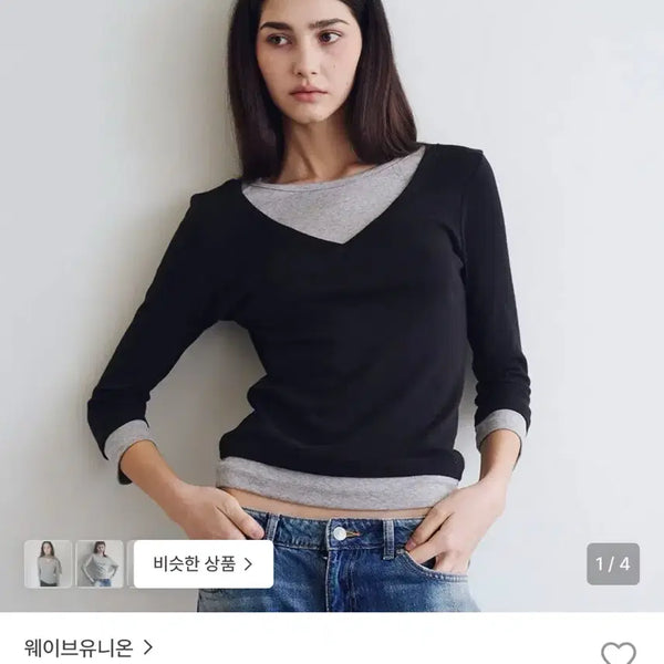 [BUNJANG] Waveunion Layered V-neck 3/4 Sleeve T-shirt Black / 웨이브유니온 레이어드 브이넥 칠부 소매 티셔츠 블랙