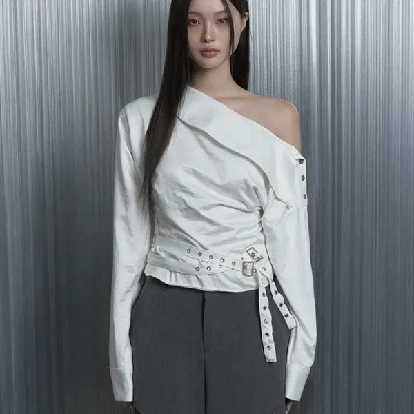 [BUNJANG] Atelier SoMe Two-Belt Drape One-Shoulder Blouse / 에트오소메 투벨트 드레이프 원숄더 블라우스 오프숄더 셔츠 판매