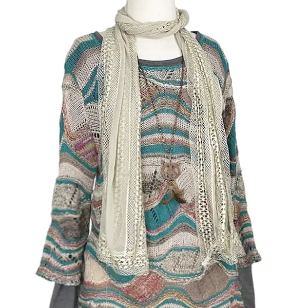 [BUNJANG] Vintage Knitted Color-Block Chiffon Scarf Muffler / 일본빈티지 그물짜임배색 쉬폰머플러스카프목도리 연베이지 모리걸갸루y2k히피에스닉