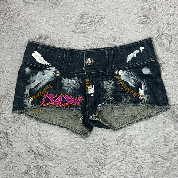 [BUNJANG] Scratch Painting Artwork Denim Micro Shorts / 스크래치 페인팅 아트워크 데님 마이크로 숏팬츠