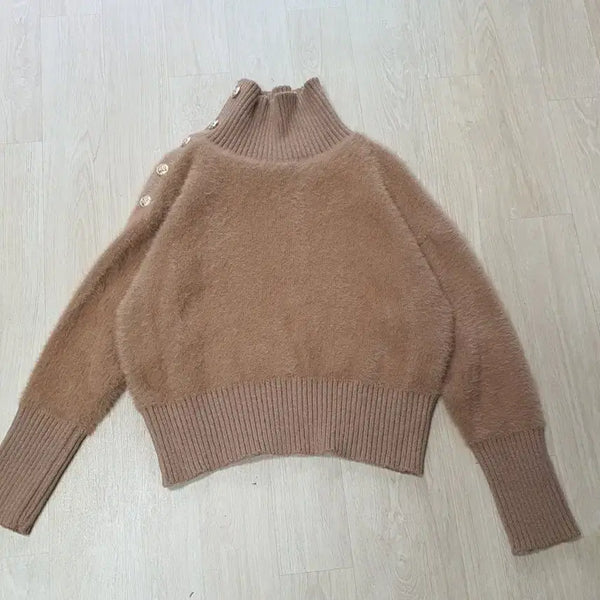 [BUNJANG] Angora Knit Mock Neck Sweater with Button Detail / 앙고라 니트 목폴라 버튼 디테일