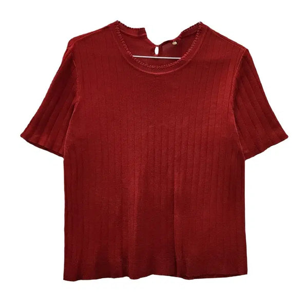 [BUNJANG] Mini Frill Ribbed Red Short Sleeve T-Shirt / 미니프릴 골지 레드 반팔 티