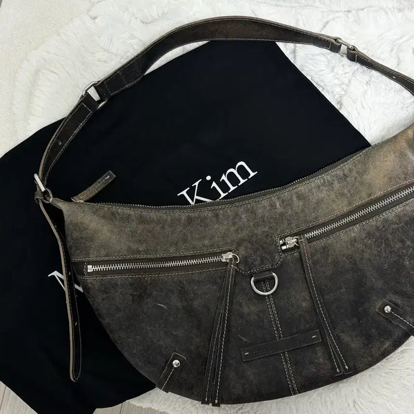 [BUNJANG] Matin Kim Zipper Leather Round Bag Brown / 마뗑킴 ZIPPER LEATHER ROUND BAG IN BROWN
