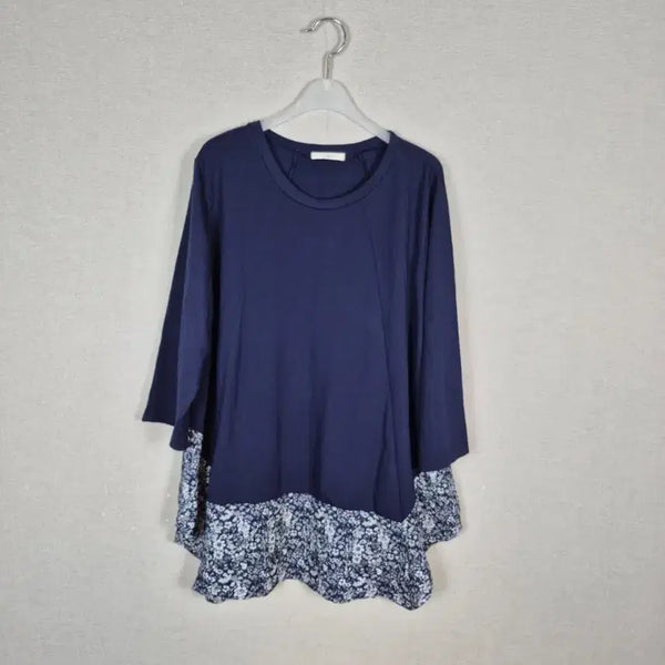 [BUNJANG] Navy Floral Color Block Long Sleeve T-Shirt / (#77,88추천)레이온혼방 네이비하단 플라워배색 긴팔 티셔츠