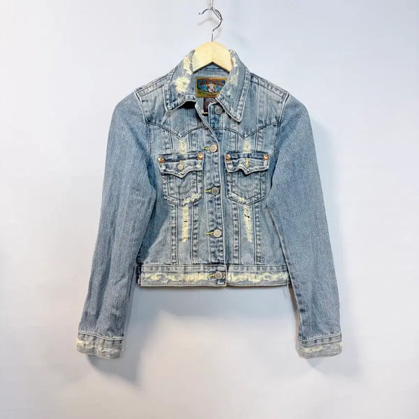 [BUNJANG] True Religion Women's Y2K Distressed Denim Cropped Trucker Jacket - Size S / 트루릴리젼 Y2K 디스트로이드 데님 트러커 크롭 자켓 (여성 S)