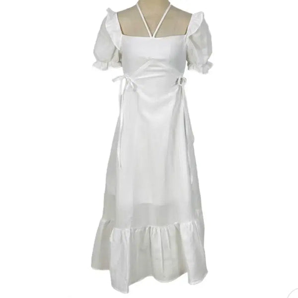 [BUNJANG] White Halterneck Puff Sleeve Slit Mini Dress / 화이트 홀터넥 퍼프 트임 반팔원피스