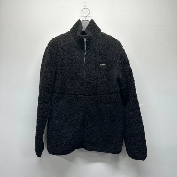 [BUNJANG] National Geographic Black Fleece Zip-Up Jacket / 내셔널지오그래픽 블랙 뽀글이 플리스 와펜 자켓 L 100