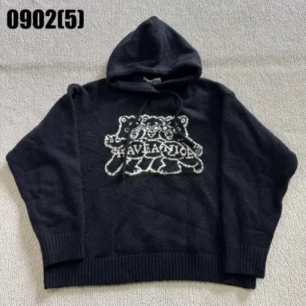 [BUNJANG] Handmade Bear Hoodie Sweater Black / 핸드메이드 곰돌이 후드 스웨터 블랙 0902
