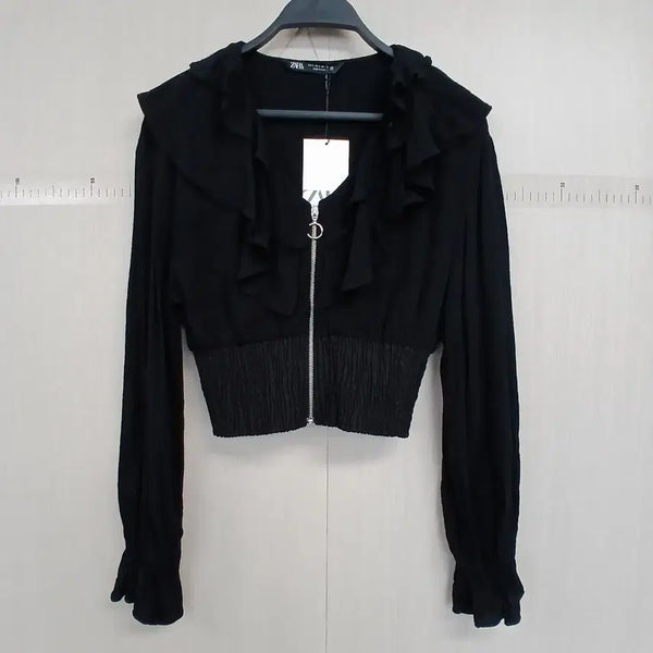 [BUNJANG] Zara Ruffled Zip-Up Cropped Jacket Black / 자라 프릴 집업 크롭 자켓 블랙