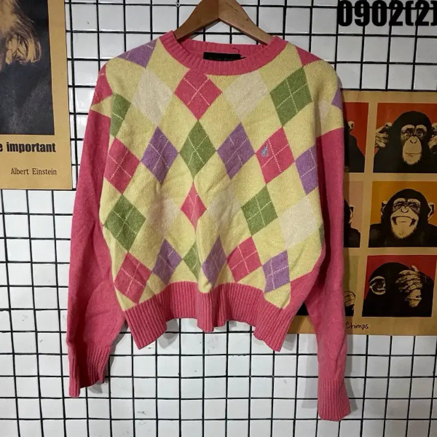[BUNJANG] Beanpole Argyle Knit Sweater / 빈폴 아가일 니트 핑크 옐로우 100 0902