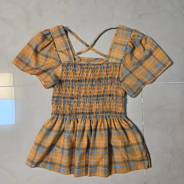 [BUNJANG] Charming Check Shirring Blouse / 매력적인 체크 셔링 블라우스
