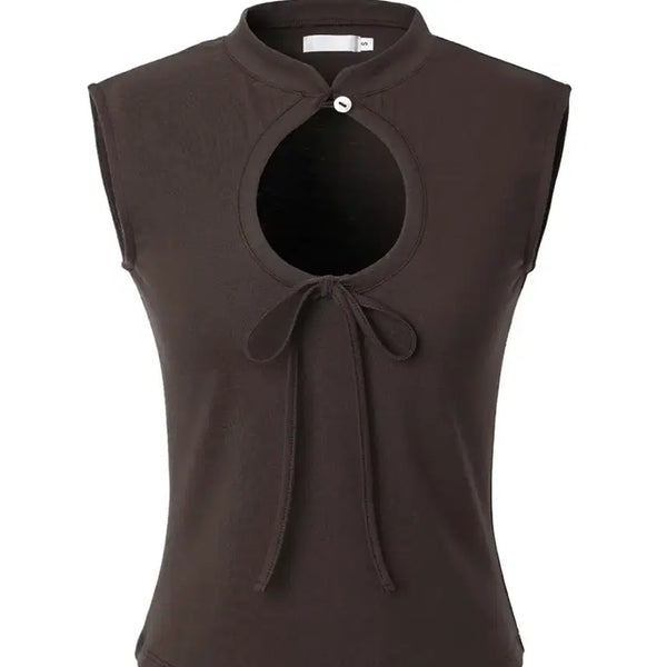 [BUNJANG] 3Times Ribbon Hole Top - Brown / 쓰리타임즈 리본 홀 탑