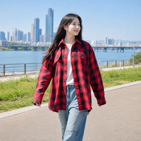 [BUNJANG] The North Face Red Black Check Pattern Hooded Shirt XL / [노스페이스] 레드 블랙 체크 패턴 셔츠 ,Size: XL(남녀공용),[1S-WT-0009]