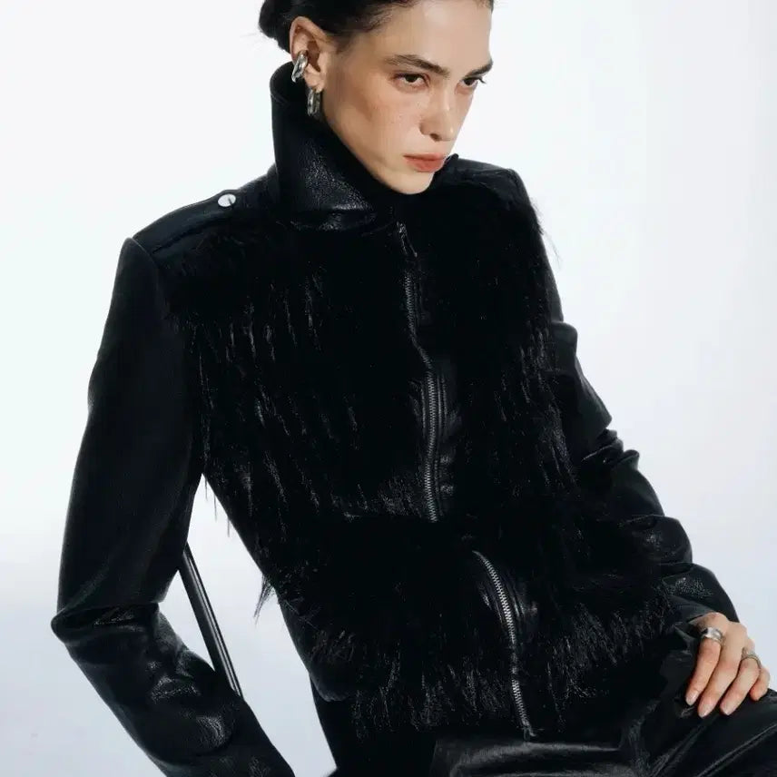 [BUNJANG] Commonce.net Fur Trimmed Leather Jacket / commonce.net 모피 트리밍 가죽 자켓