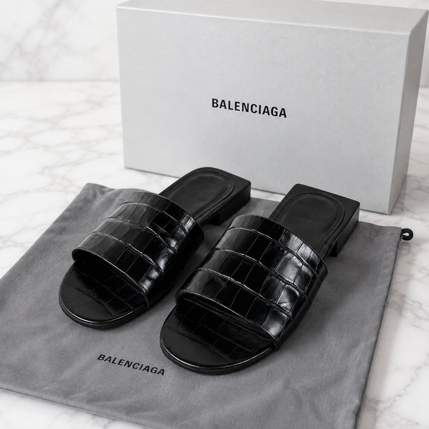 [BUNJANG] Balenciaga Black Logo Python Leather Slippers (Size 37.5 / 240-245mm) / [정품]발렌시아가 백로고 파이톤 레더 슬리퍼 240 풀구성