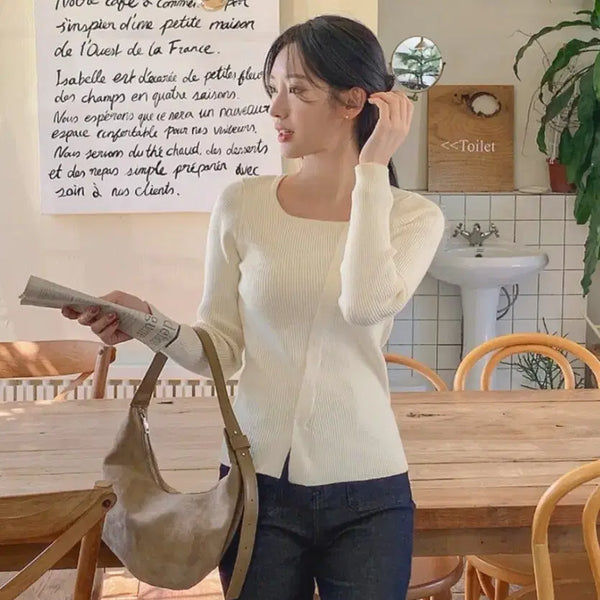 [BUNJANG] Ivory Ribbed Square Neck Button Knit - Size 55 / (새옷) 아이보리 골지 스퀘어넥 버튼 니트 55사이즈