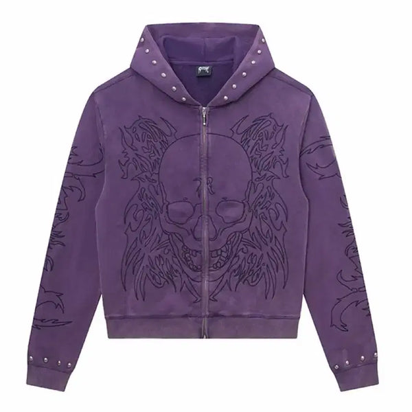 [BUNJANG] Revenge Embroidered Tribal Zip-Up Hoodie (Washed Purple) / 리벤지 트라이벌 후드 집업 워시드퍼플