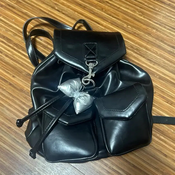 [BUNJANG] Black Women's Backpack with Silver Ribbon Detail / 검정색 여성 백팩 은색 리본 장식
