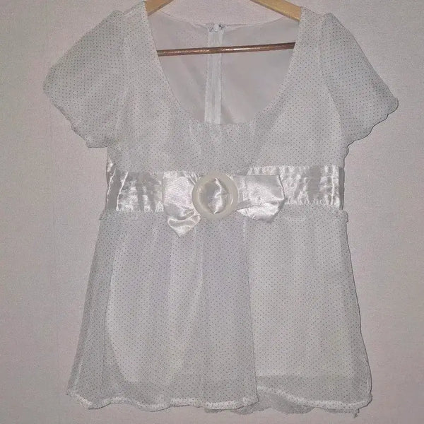 [BUNJANG] Cecil McBee White Dot Chiffon Ribbon Blouse / CECIL McBEE깔 화이트 도트 쉬폰 리본 블라우스