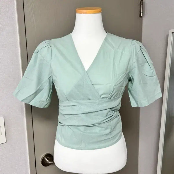 [BUNJANG] Mint Puff Sleeve Wrap Blouse / [새상품] 민트 퍼프 소매 랩 블라우스