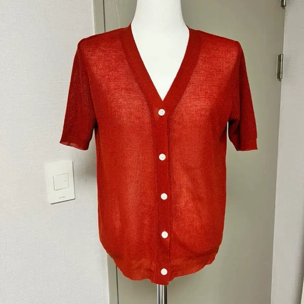 [BUNJANG] Red V-Neck Short-Sleeve Knit Cardigan / 레드 브이넥 반팔 니트 가디건