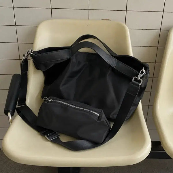 [BUNJANG] Black Nylon & Leather Shopper Bag with Pouch / 블랙 나일론 & 가죽 쇼퍼백