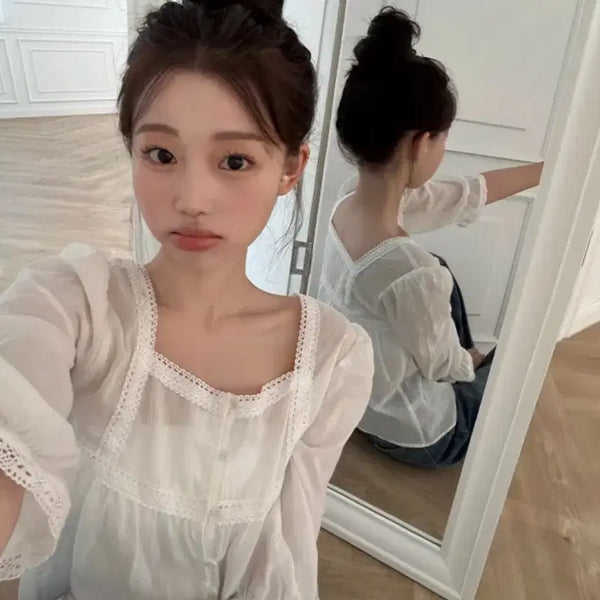 [BUNJANG] Young & Rich French Detail Jewel French Blouse Ivory / 영앤리치 프렌치 디테일 쥬엘 프렌치 여름 블라우스 아이보리