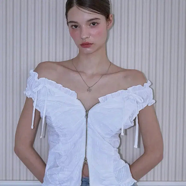 [BUNJANG] Rosy Frans Two-Way Frill Ribbon Sleeveless Blouse White / (아사 착용) 로제프란츠 투웨이 프릴 리본 슬리브리스 화이트