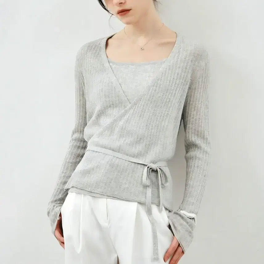 [BUNJANG] Mongdol Sheer Linen Wrap Knit Sleeveless Grey / 몽돌 시어 린넨 랩 니트 슬리브리스 그레이 MDKT124GRAY