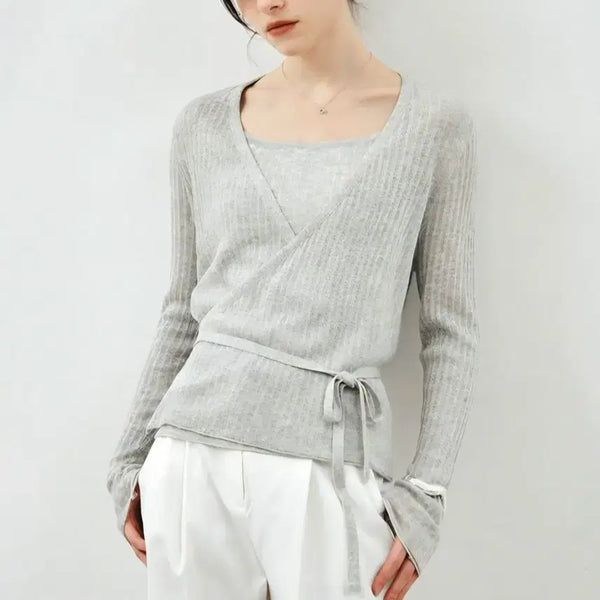 [BUNJANG] Mongdol Sheer Linen Wrap Knit Sleeveless Grey / 몽돌 시어 린넨 랩 니트 슬리브리스 그레이 MDKT124GRAY