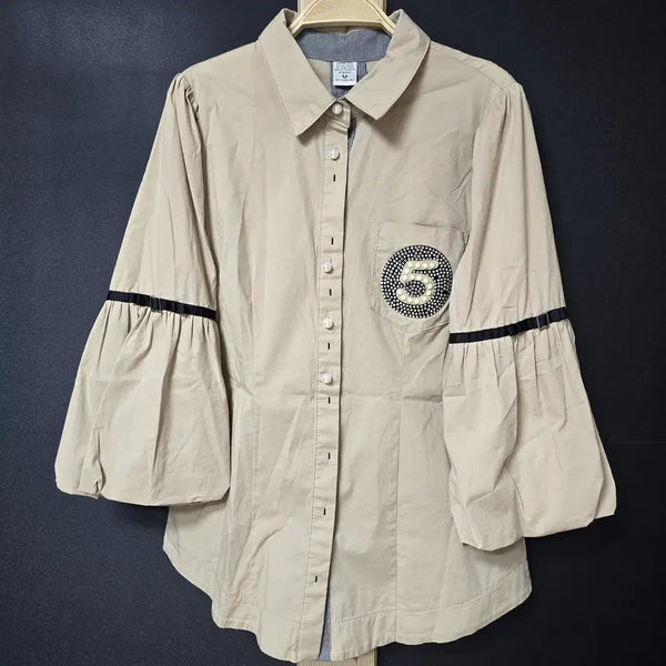 [BUNJANG] Pearl Button Puff Collar Shirt Beige / 진짜만원 진주단추 퍼프 카라셔츠 M 베이지