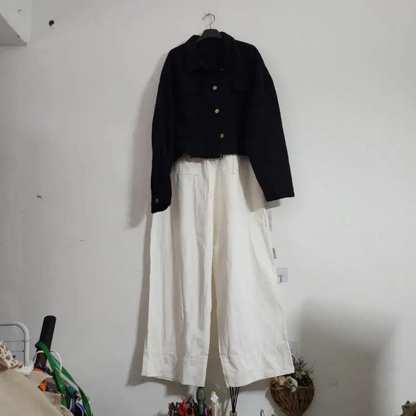 [BUNJANG] Black Crop Jacket Wide Pants Set / 블랙 크롭 자켓 와이드 팬츠 세트