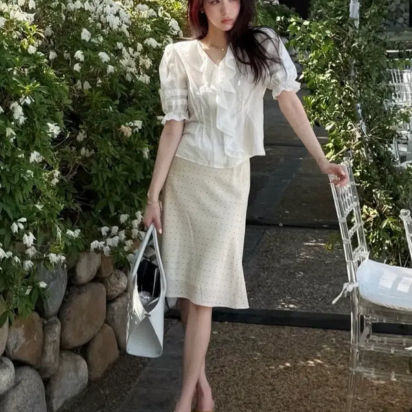 [BUNJANG] Lang&Lu Ruffle Blouse & Skirt Set-up / 새상품 랭앤루 Lang&Lu 러플 블라우스 스커트 셋업