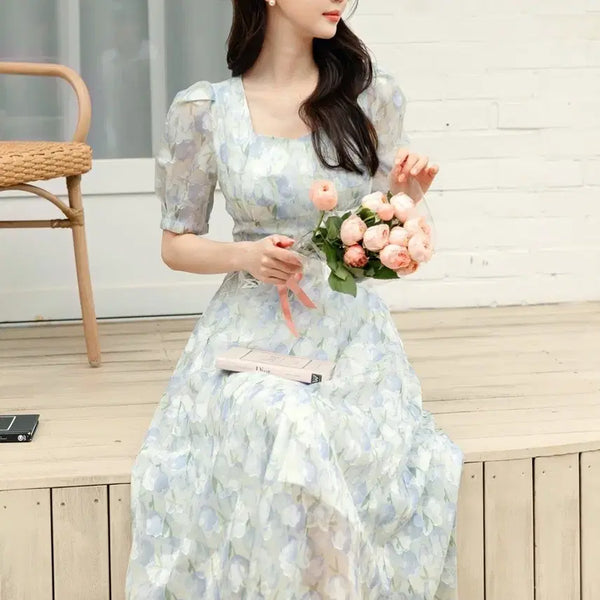 [BUNJANG] Chicline Chiffon Flower Puff Long Dress Ivory / 시크라인 쉬폰 플라워 퍼프 롱 원피스
